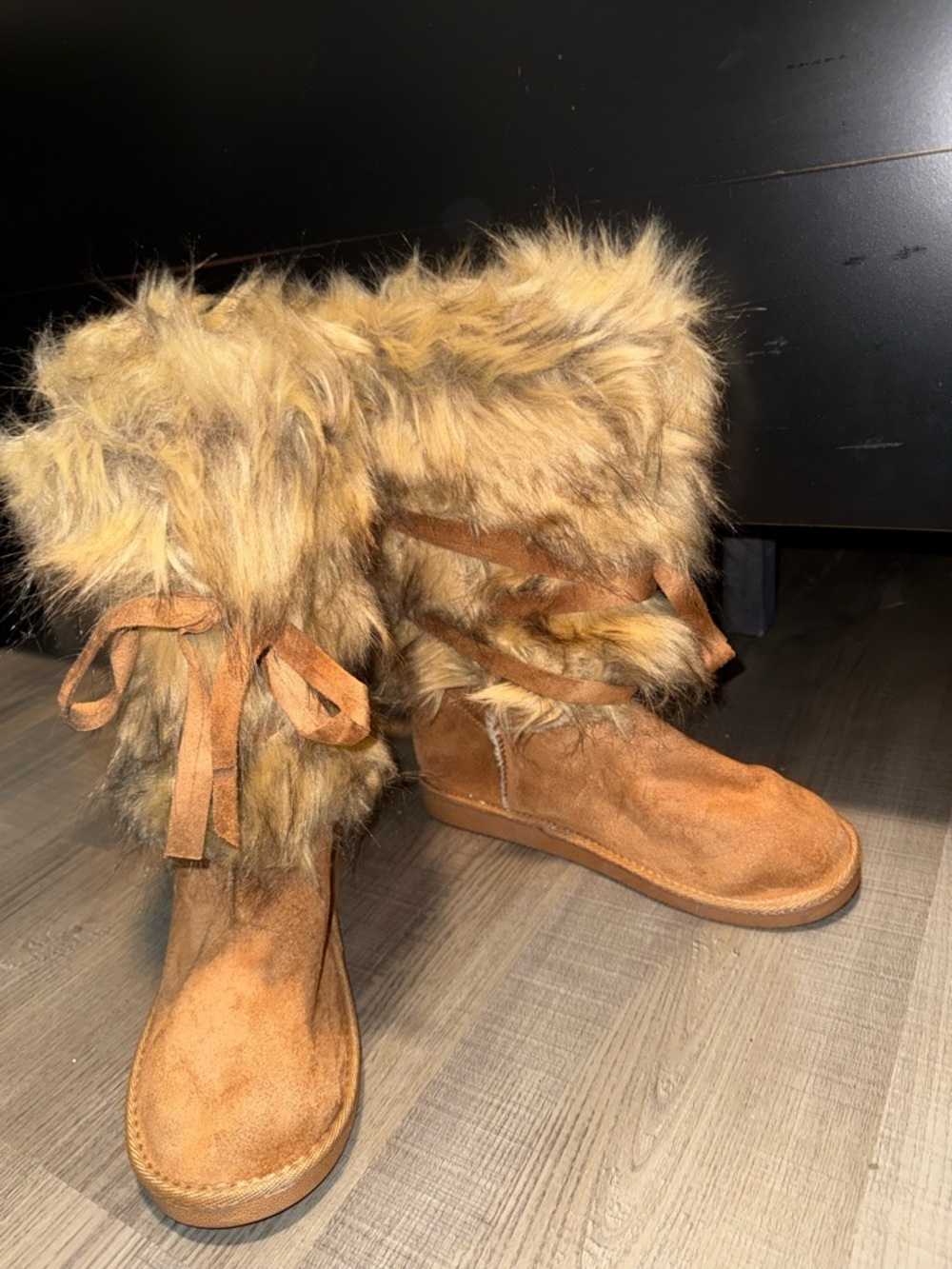 Faux Fur Trimmed Suede Winter Boots - Tan